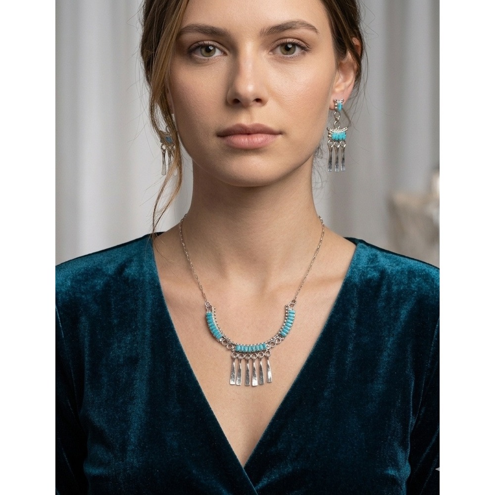 Zuni Turquoise Inlay Sterling Silver Tassel Necklace and‎ Earrings Set Signed**